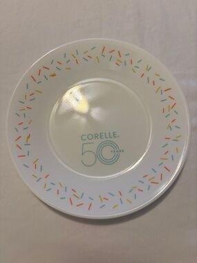 Corelle White Plate with Teal, Orange, Yellow Sprinkle Border 50th Anniversary